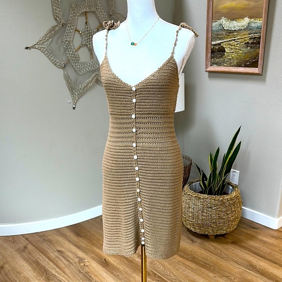 Boho Crochet Spaghetti Strap Mini Dress - Picture 1 of 10